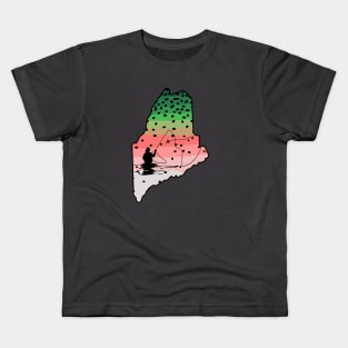 Rainbow Trout Fly Fish Maine State Map Fly Fishing Fisherman Gifts Kids T-Shirt